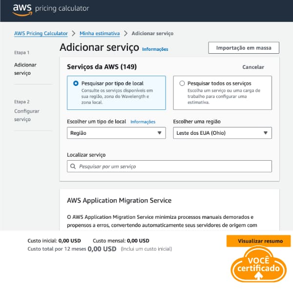 aws princing calculator AdicionarServico