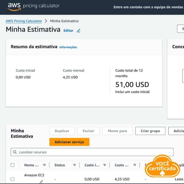 aws princing calculator Estimativa